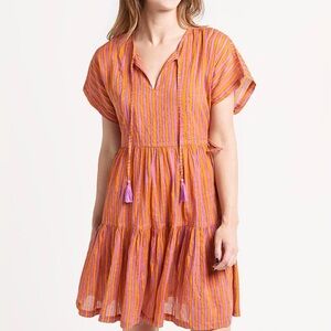 Oliphant Side Tie Tassel Short Dress Women’s Small Striped Orange Lilac Gauzy